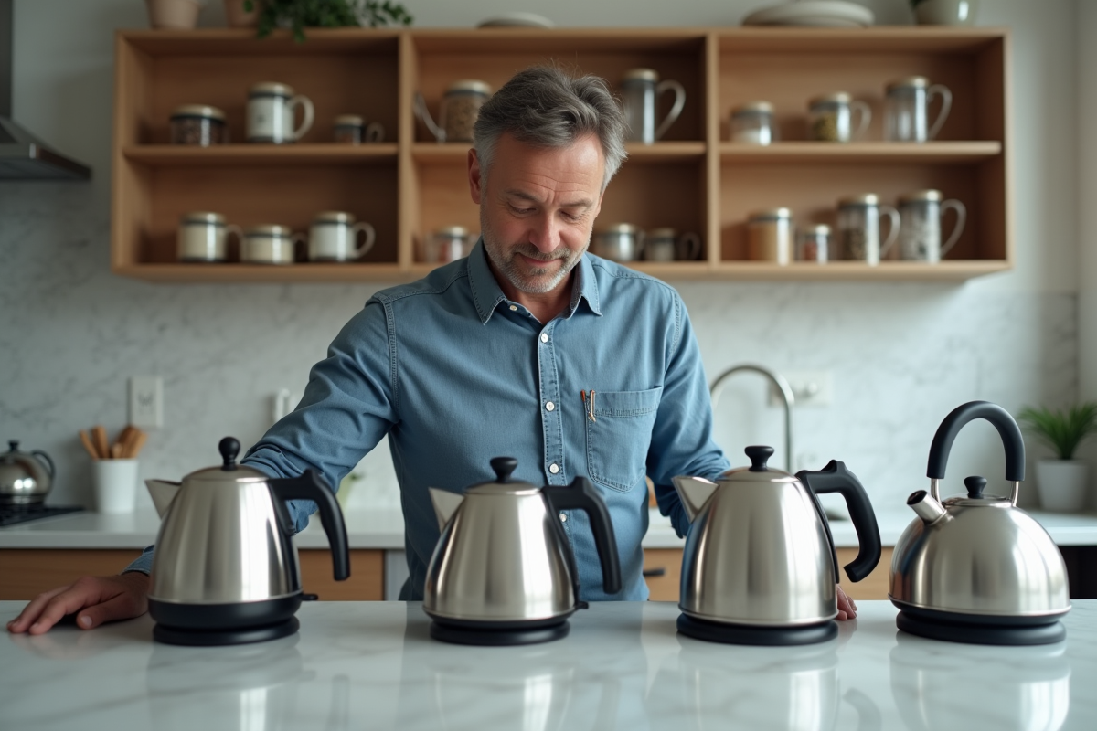Homme comparant trois bouilloires dans une cuisine moderne