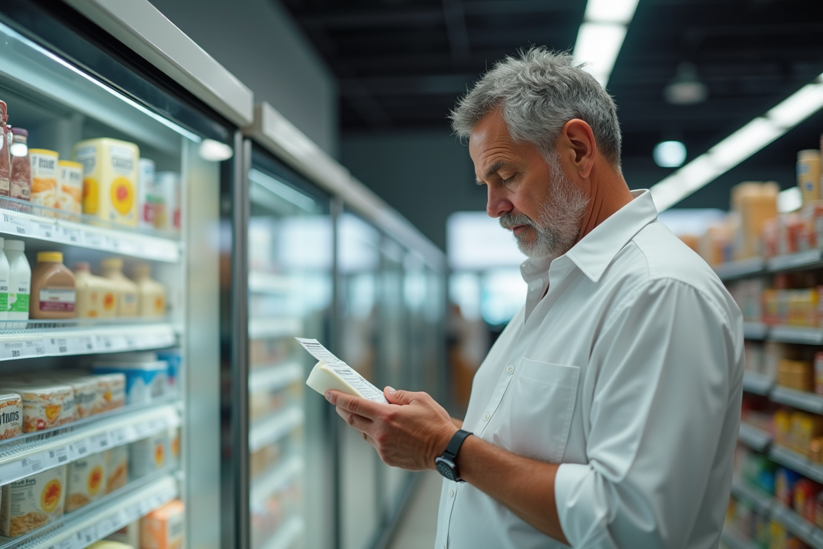 Homme lisant une étiquette de fromage dans un supermarché