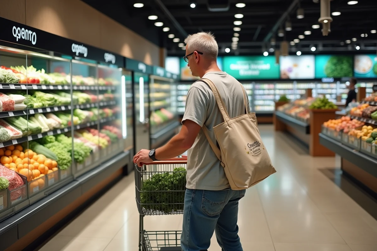 Homme examinant des produits bio en supermarche moderne