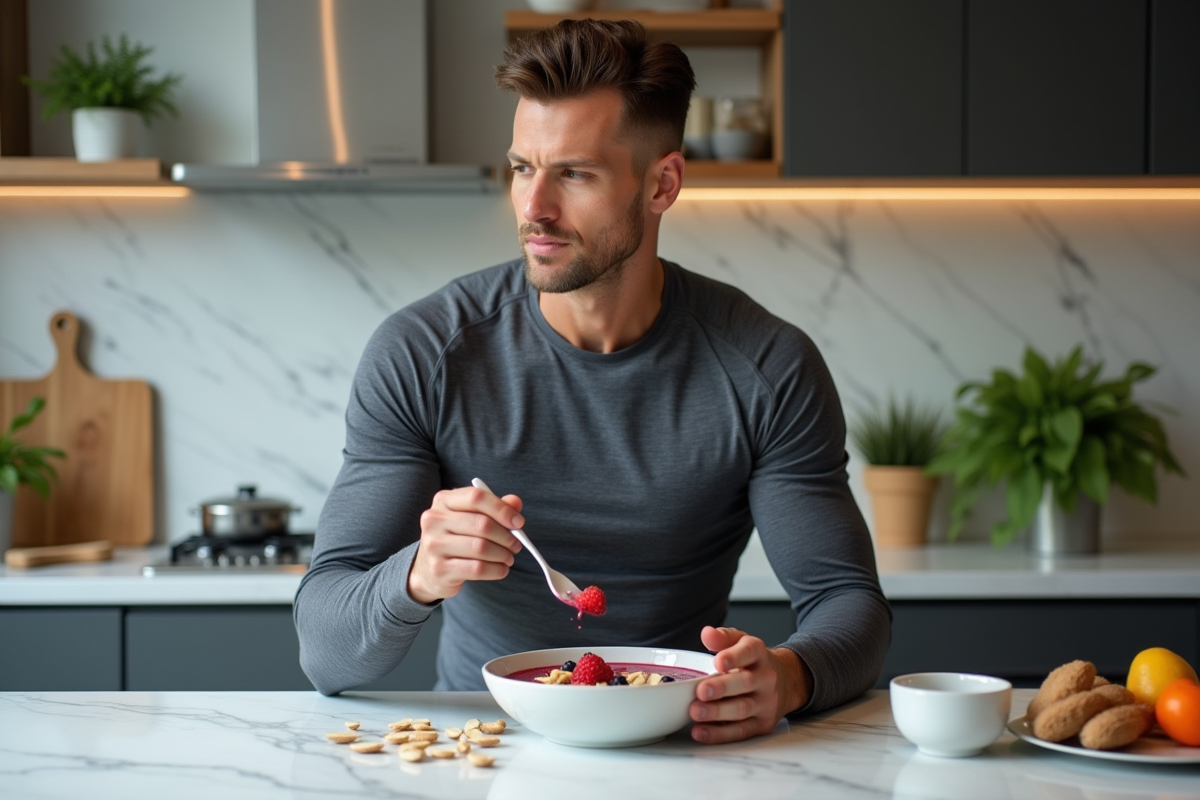 Homme sportif dégustant un bol de fruits et smoothie
