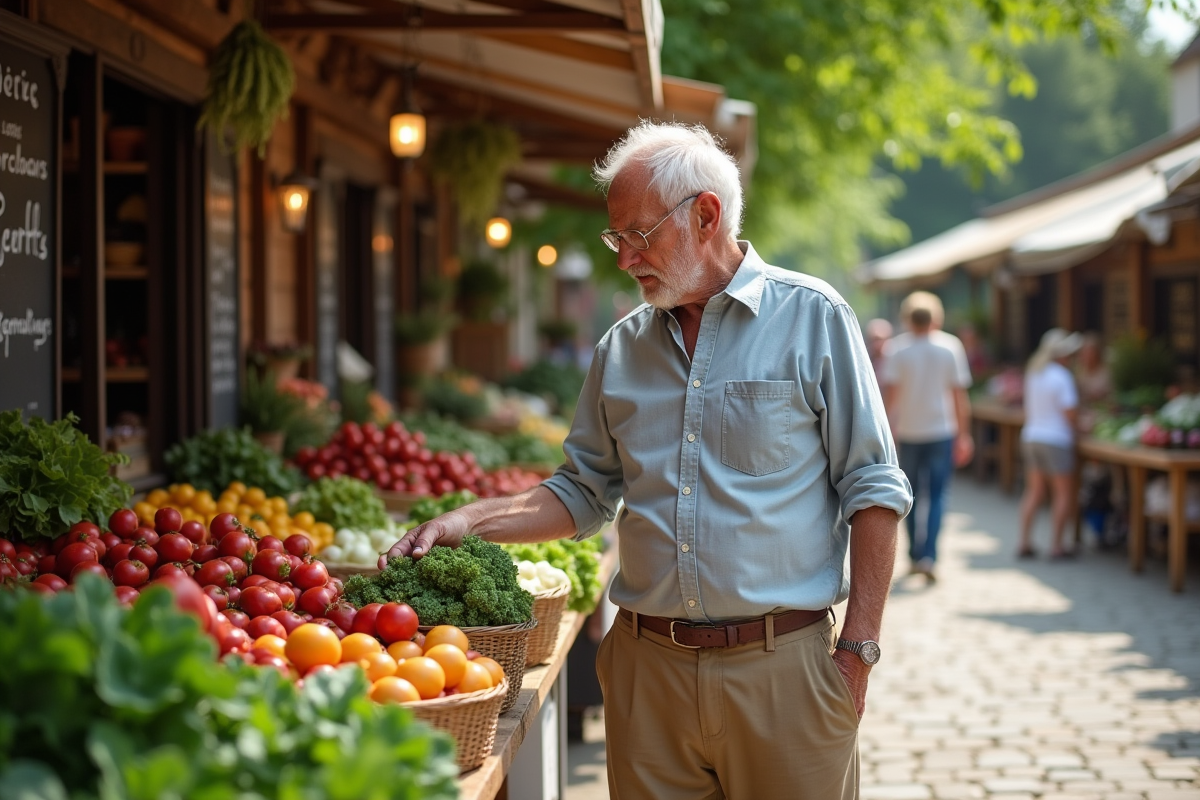 Homme âgé choisissant des légumes bio au marché