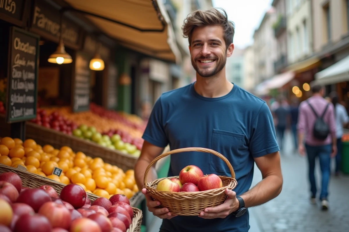 Jeune homme au marché achetant des pommes mûres