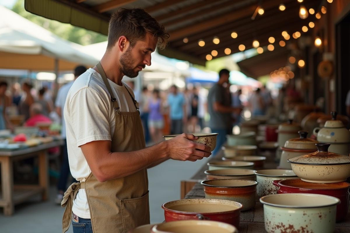 Jeune homme comparant casseroles au marché en plein air