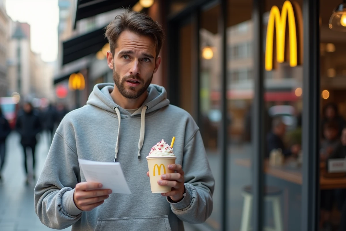 Homme consultant son ticket de caisse devant un McDonald's en tenant un McFlurry, illustrant la question du prix du dessert