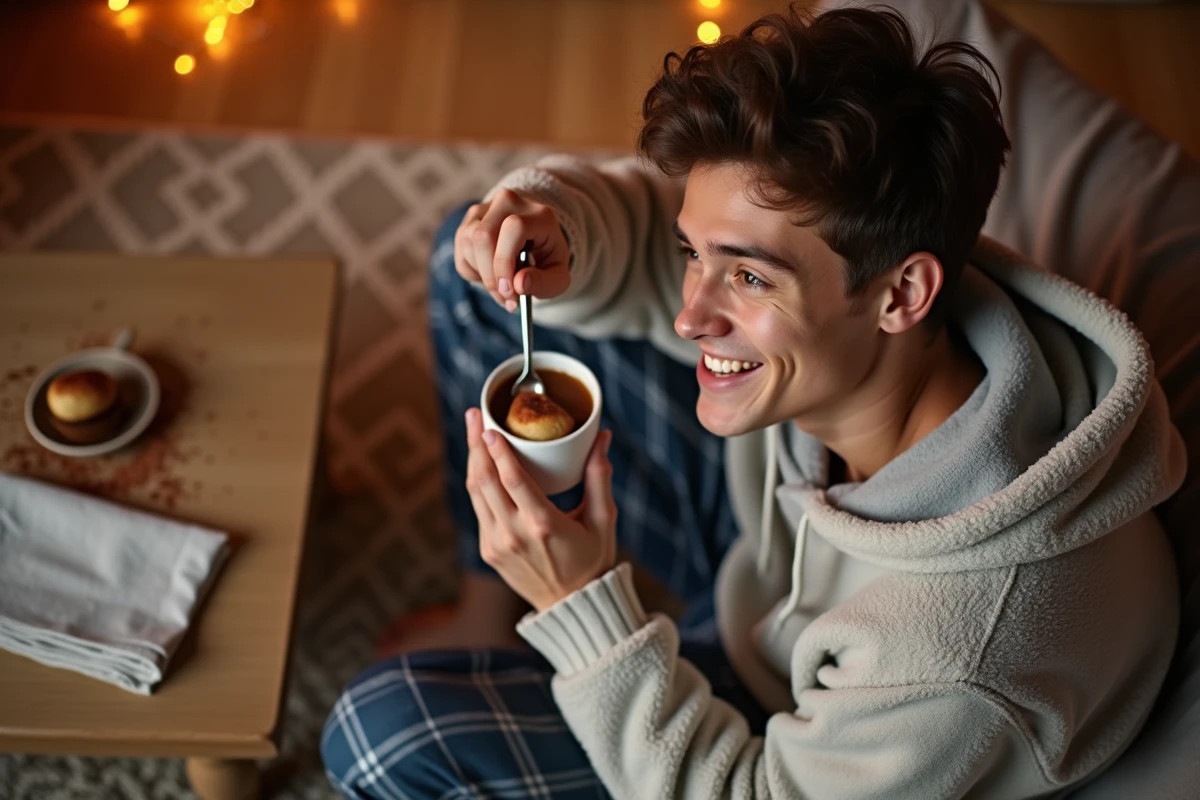 Homme souriant dégustant un mugcake dans un intérieur chaleureux