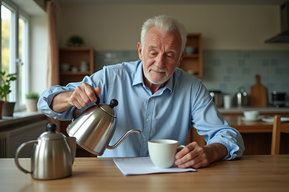 Homme âgé verse de leau dans une tasse en céramique