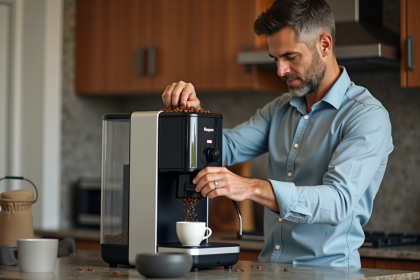 Homme versant du café dans une machine moderne à la maison