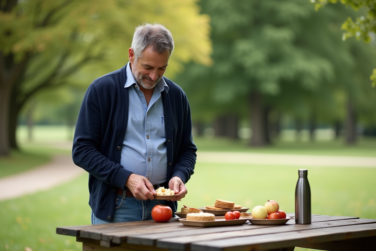 Homme arrangeant des snacks sains dans un parc