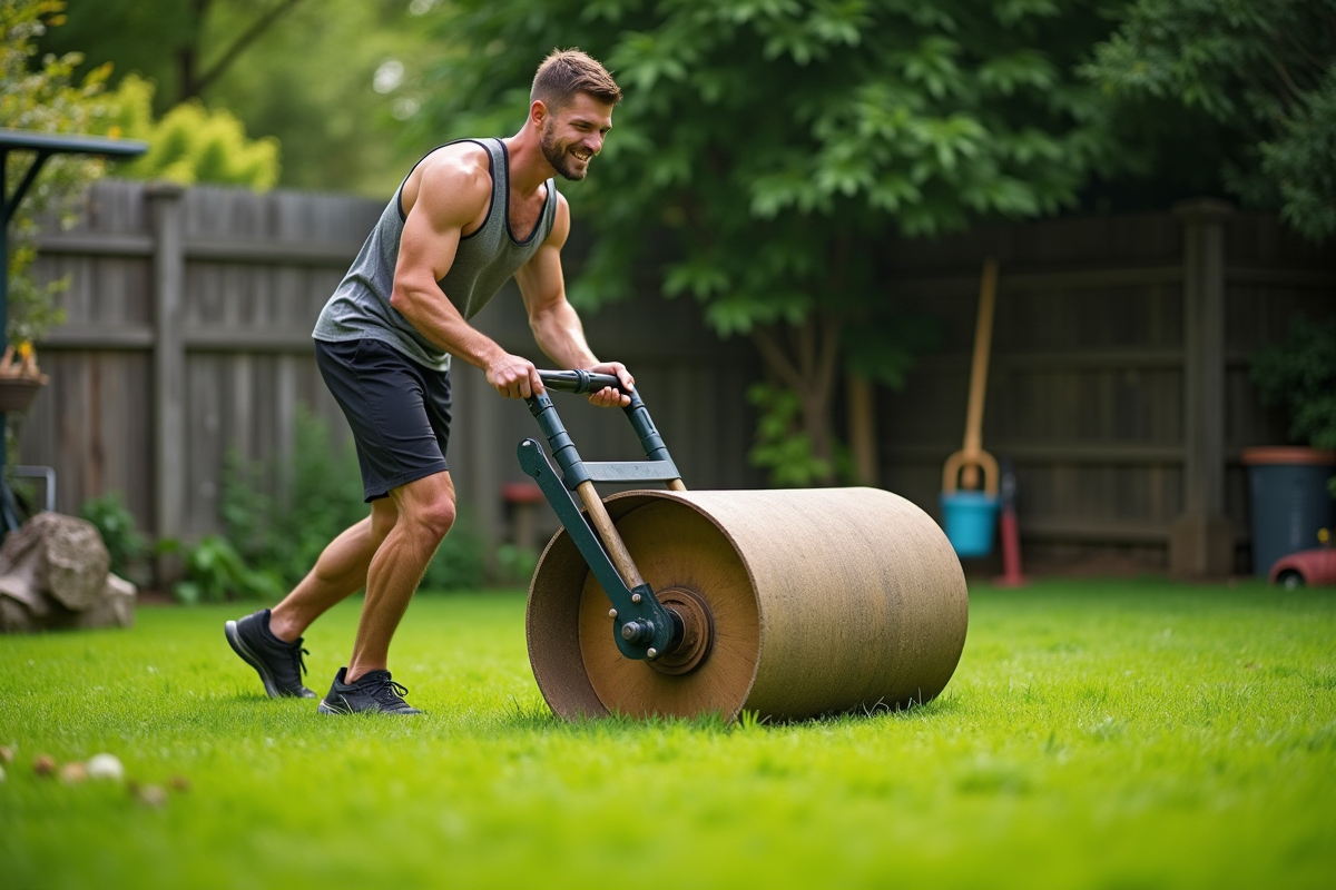 Jeune homme poussant un rouleau de pelouse dans le jardin
