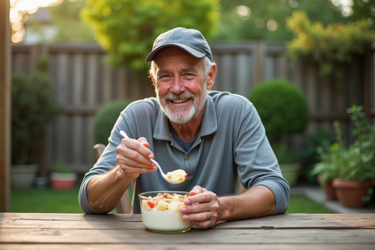 Homme dégustant un snack sain avec pommes et yaourt