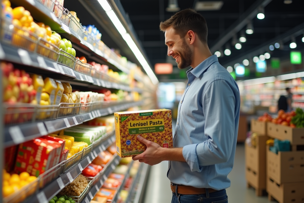 Jeune homme choisissant des pâtes aux légumineuses en supermarché