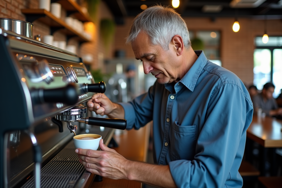Homme âgé versant un cappuccino dans un café urbain animé
