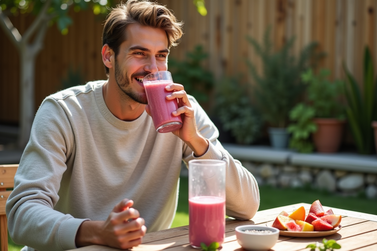 Jeune homme dégustant un smoothie rose en extérieur