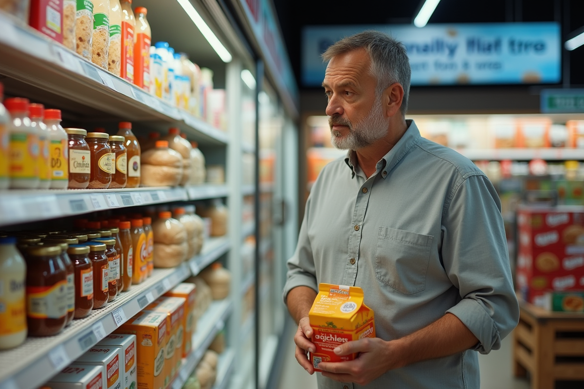 Homme examine rayon de produits riches en glucides