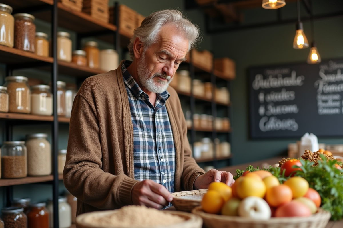 Homme âgé examinant des produits bio au marché intérieur
