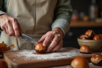 Femme incisant une châtaigne avec un couteau sur une planche en bois rustique dans une cuisine de campagne