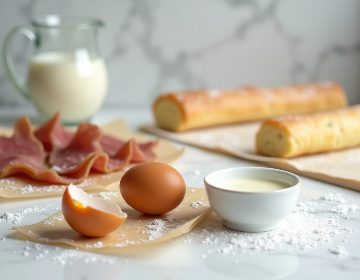 Ingrédients de la quiche lorraine disposés sur un plan de travail en marbre blanc avant préparation