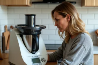 Femme inspectant un Thermomix d'occasion sur un plan de travail en bois dans une cuisine domestique