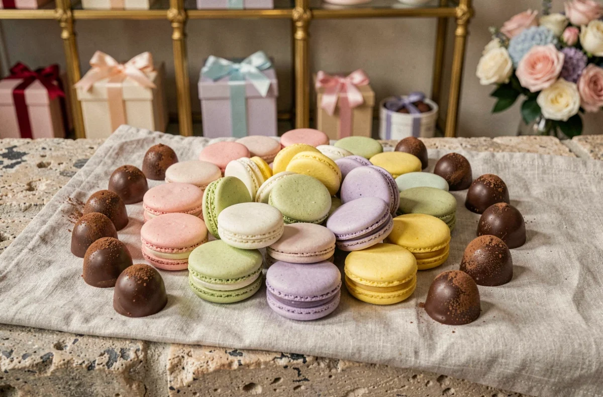 Assortiment de macarons aux couleurs pastel et de chocolats artisanaux disposés sur un tissu en lin dans la pâtisserie Jean-Luc Pelé à Cannes