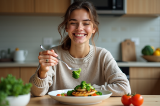 Jeune femme souriante avec légumes dans une cuisine moderne