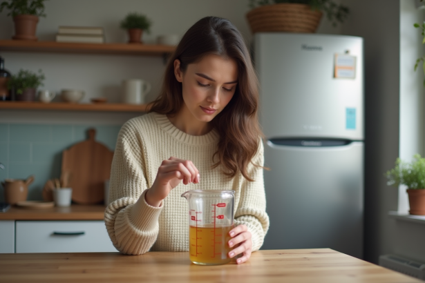 Jeune femme mesure liquide dans la cuisine pour un article sur la cuisine