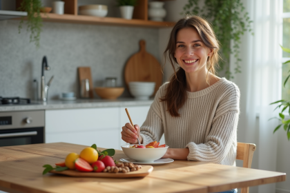 Jeune femme souriante préparant un snack sain dans la cuisine