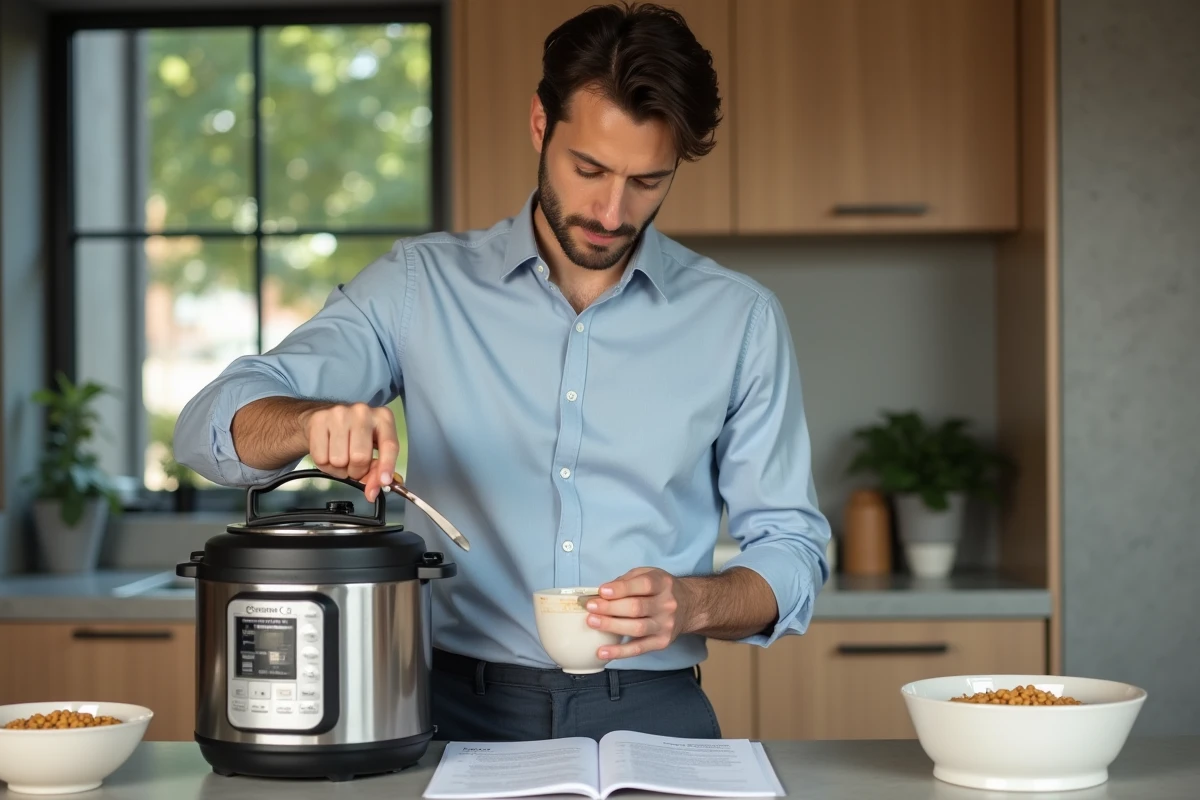 Jeune homme versant des pois chiches dans une cocotte électrique