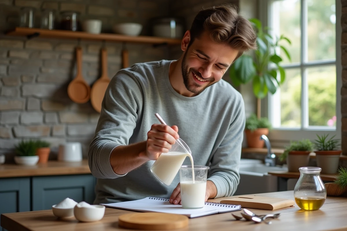 Jeune homme versant du lait dans un bécher en cuisine