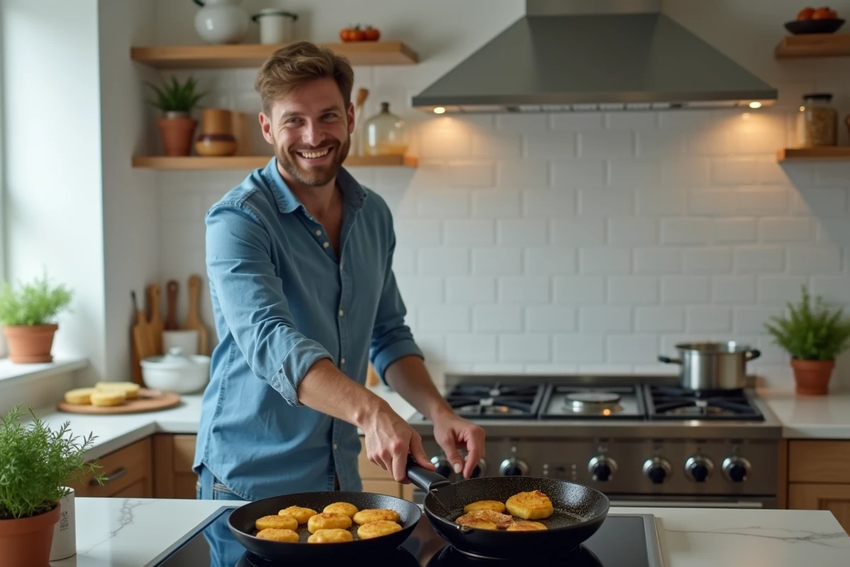 Jeune homme cuisinant des crépinettes dans une cuisine moderne