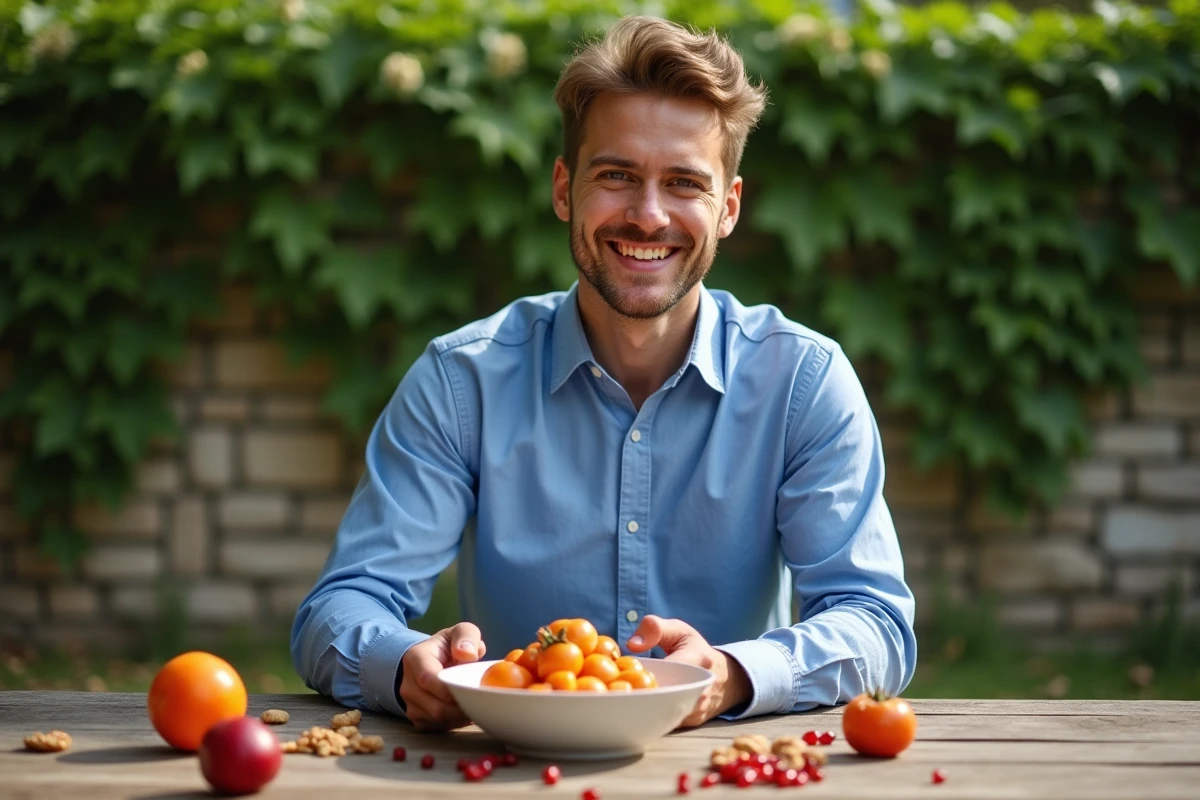 Jeune homme dégustant un dessert à la persimmon en extérieur