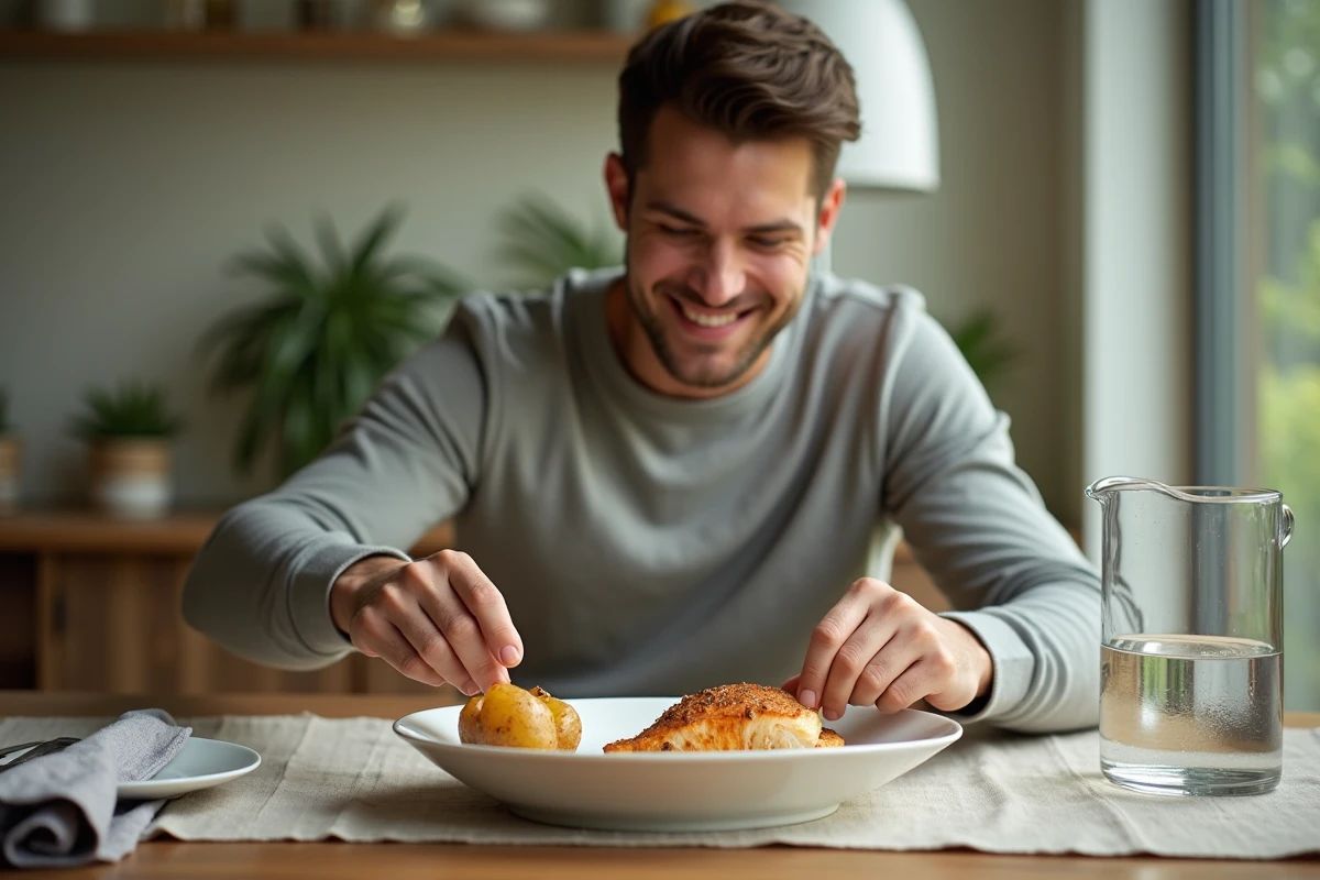 Jeune homme souriant disposant des pommes de terre avec un poisson dans une salle à manger lumineuse