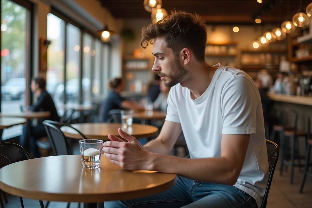 Jeune homme regardant un cube de sucre se dissoudre au café