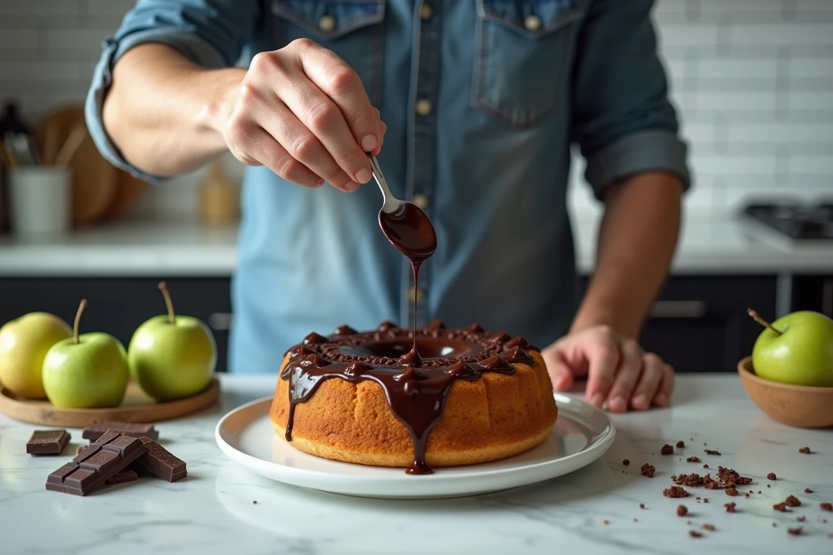 Jeune homme versant du chocolat sur un gâteau pomme dans une cuisine moderne