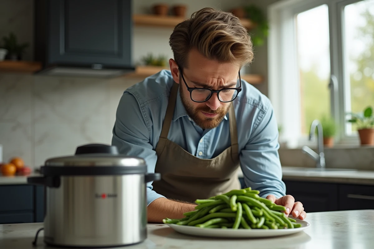 Jeune homme frustré regardant des haricots verts cuits