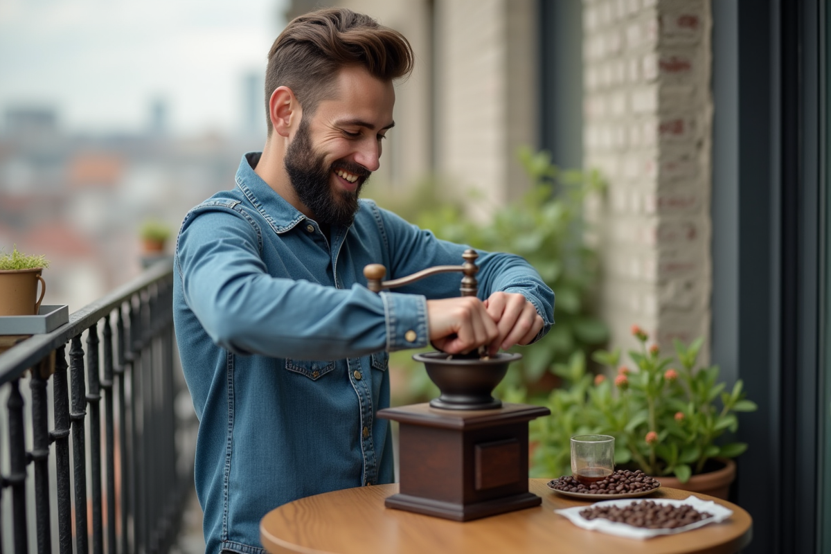 Jeune homme barbu préparant du café sur un balcon urbain ensoleille