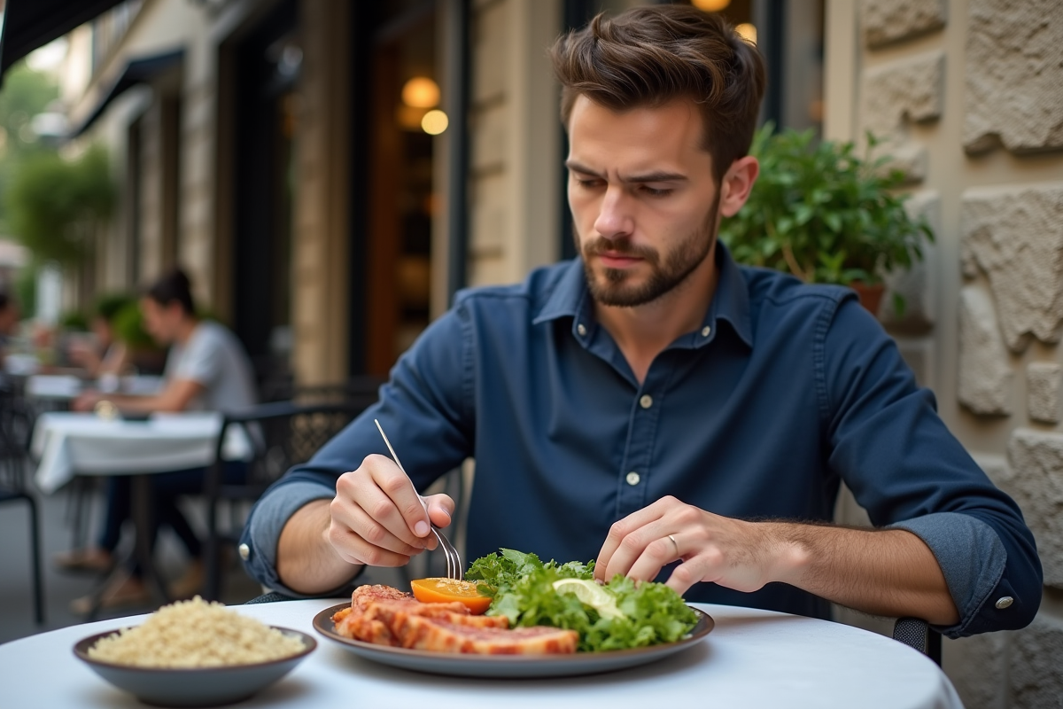 Jeune homme dégustant un repas équilibré en terrasse de café
