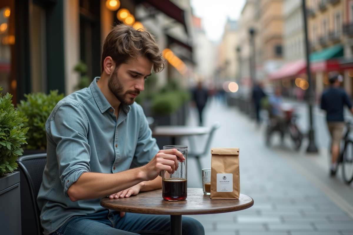 Jeune homme préparant du cafe sur terrasse urbaine