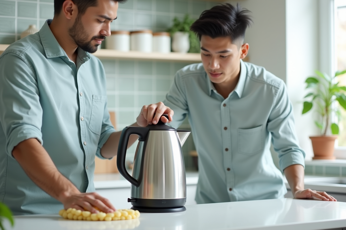 Jeune homme nettoyant une bouilloire en acier inoxydable dans une cuisine lumineuse