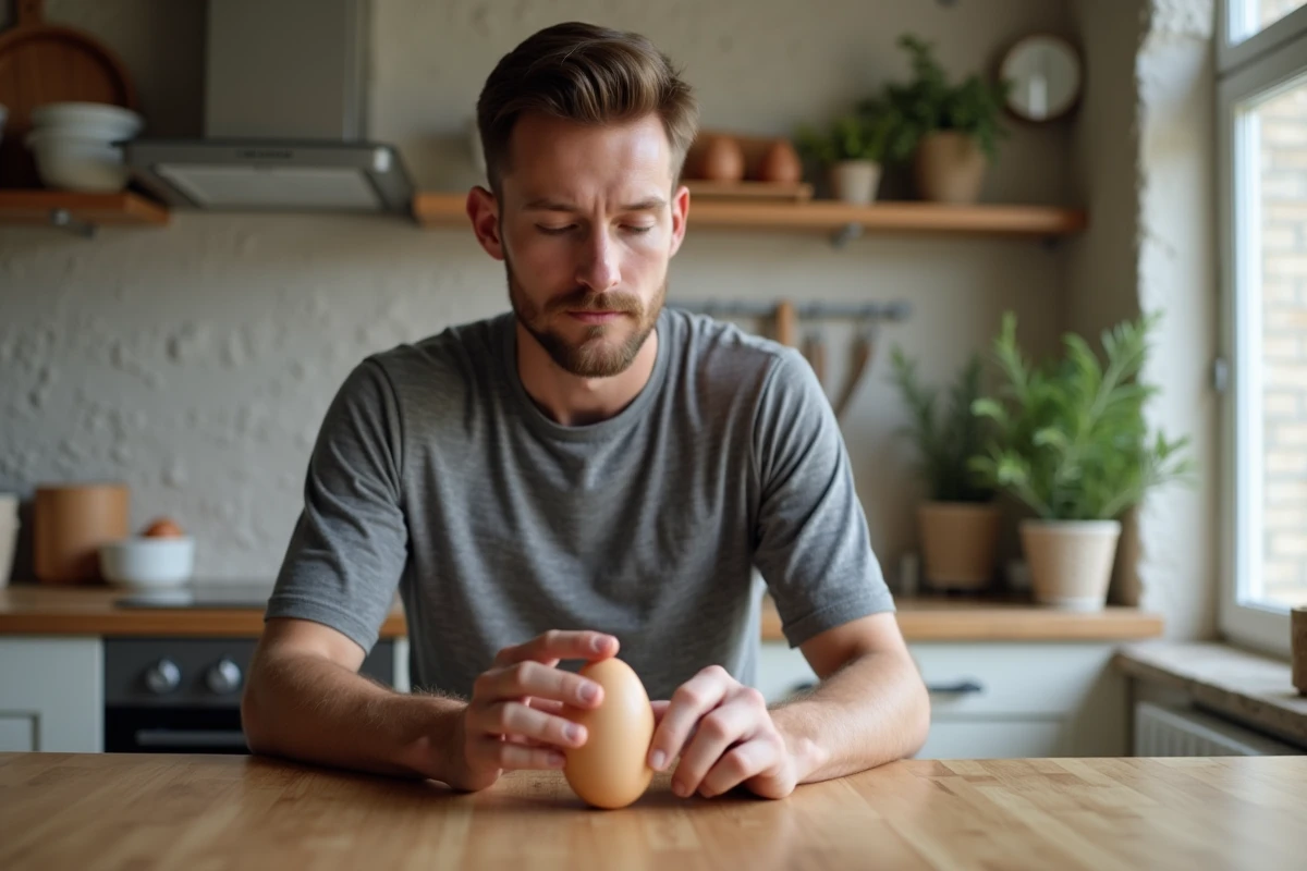 Jeune homme examine un oeuf sur une table en bois