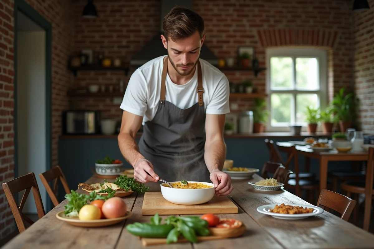 Jeune homme plaçant un gratin de zucchini sur la table