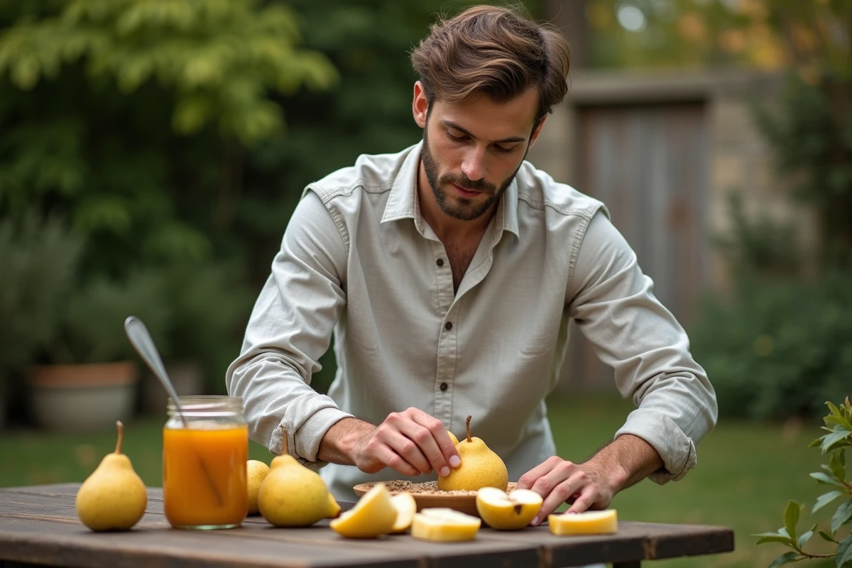 Jeune homme arrangeant des tranches de coings et de la confiture