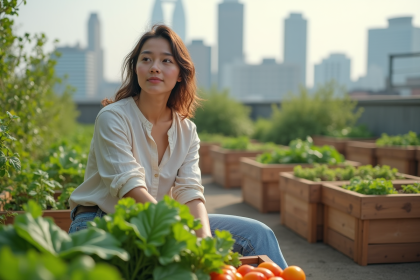Jeune femme dans un jardin urbain récoltant des légumes colorés