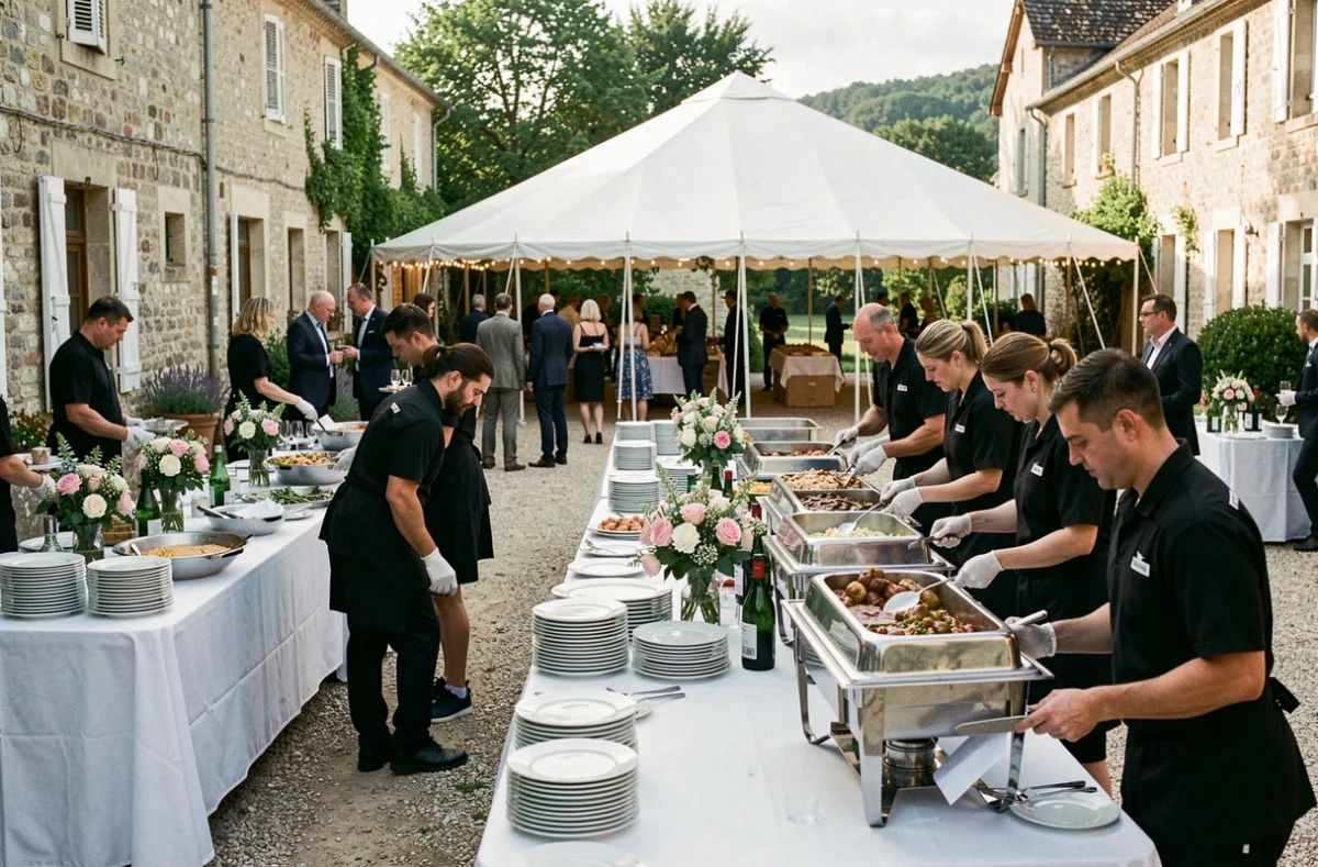 Équipe de Kook'in Traiteur installant un buffet événementiel en plein air à Norges-la-Ville