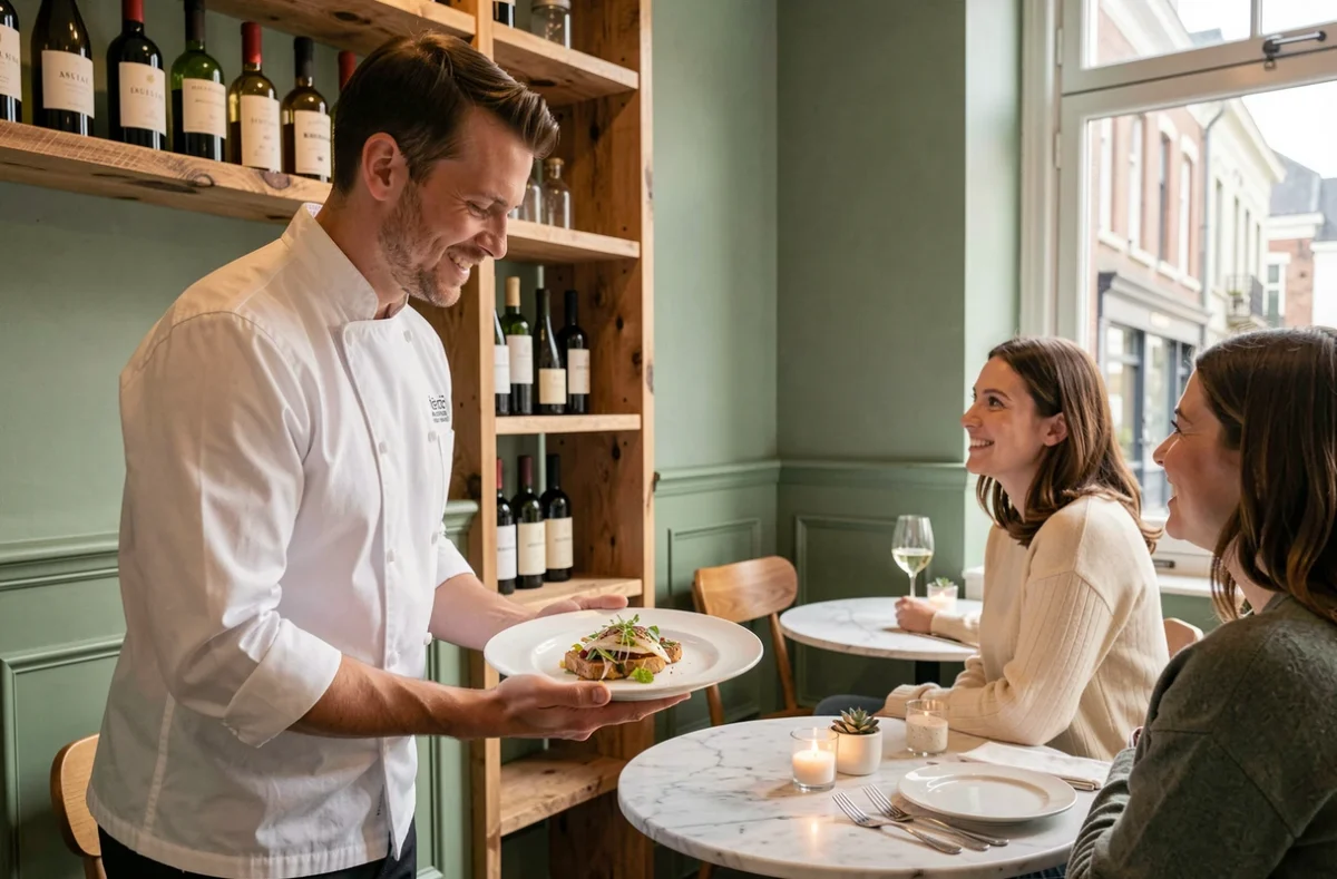 Intérieur contemporain de La Nouvelle Aventure à Lille avec murs vert sauge, tables en marbre et chef présentant un plat à des clients