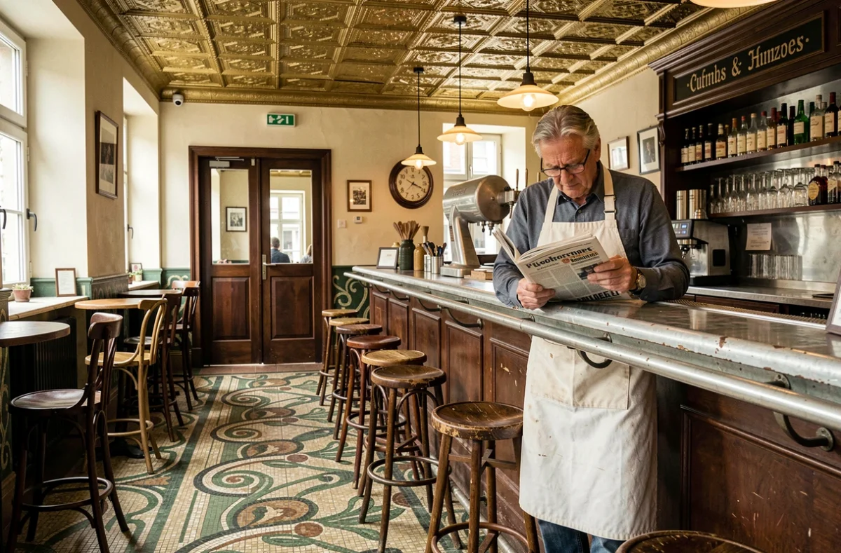 Intérieur authentique de La Paix à Hautmont avec carrelage mosaïque, plafond en étain et barman en tablier blanc appuyé sur le zinc