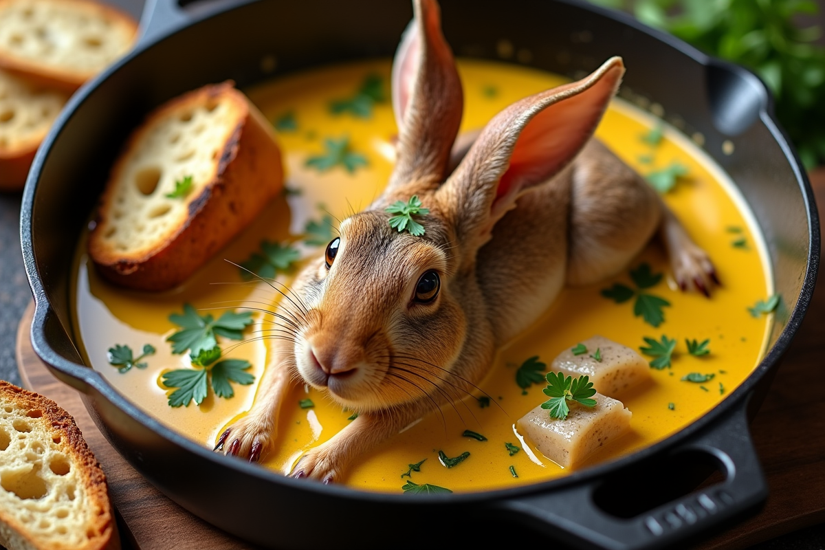 Lapin en sauce moutarde avec pain artisanal en gros plan