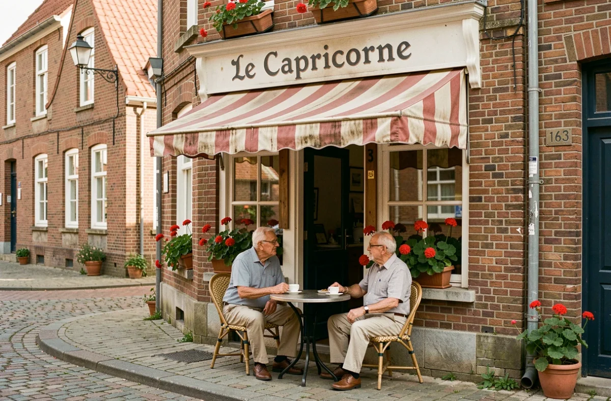 Façade du bistrot Le Capricorne à Saint-André-lez-Lille avec enseigne peinte, auvent rayé et deux habitués en terrasse