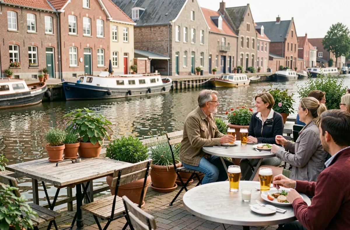 Terrasse du bistrot Le Quai à Lambersart, au bord d'un canal avec mobilier en bois et clientèle locale
