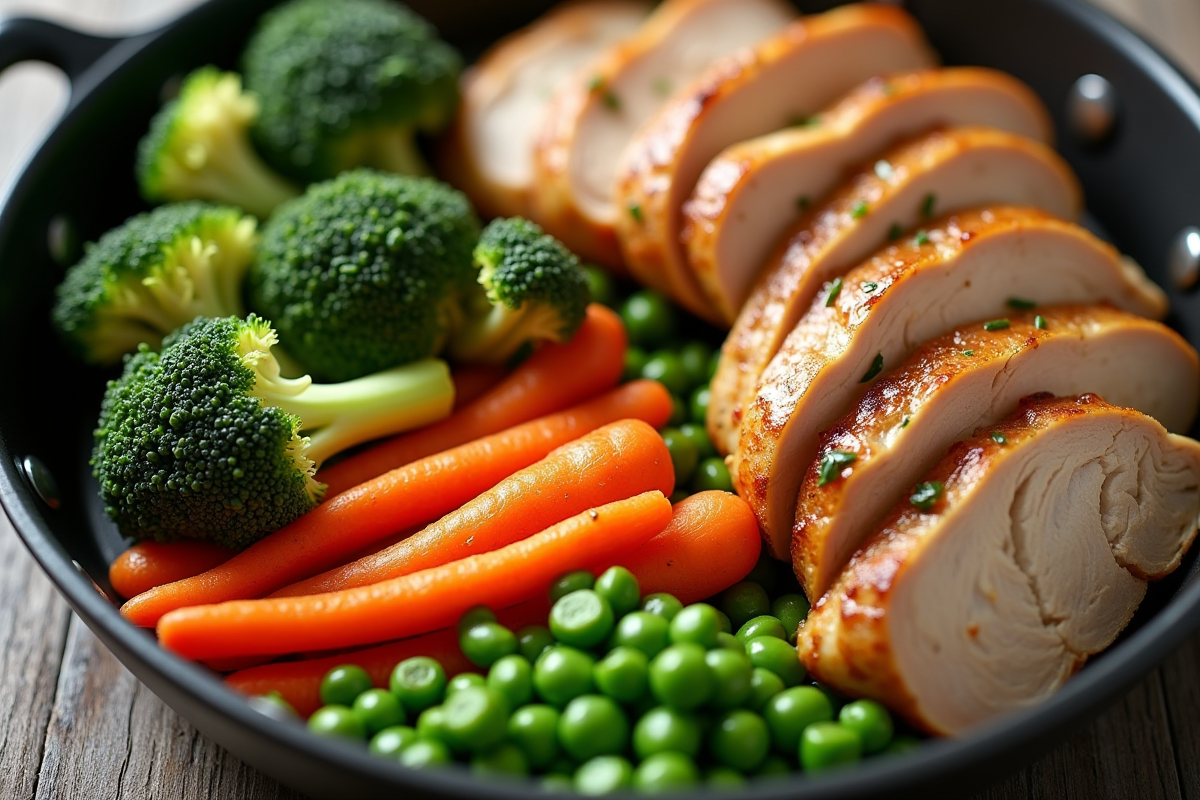 Légumes vapeur frais avec poulet tranché en famille