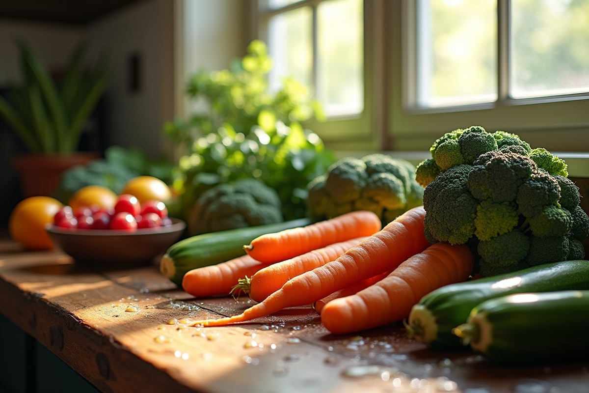Légumes crus sur un plan de travail en bois dans une cuisine rustique